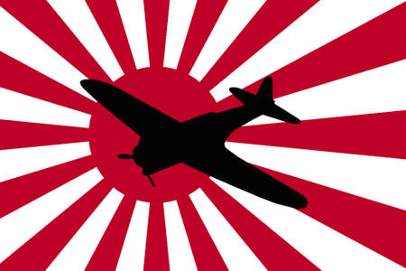 Japanese military aircraft against a Rising Sun imperial navy flag.の写真素材
