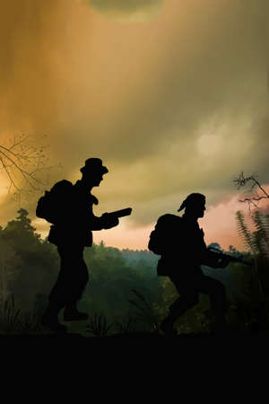 Silhouette of American special forces soldiers on patrol in the jungle of Vietnam. (Artist illustration)の写真素材