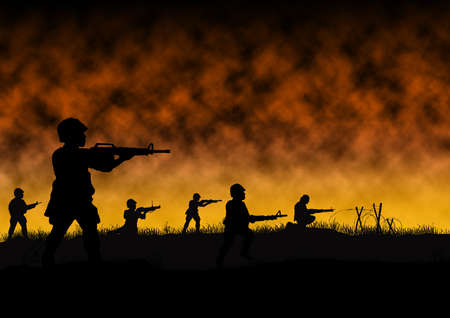 silhouette of US soldiers in a war like scene similar to Vietnam and Indochina. Computer Illustration.の写真素材