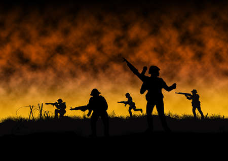 silhouette of Viet Cong soldiers in a war like scene similar to Vietnam and Indochina.  The Viet Cong fought against the US military. Computer Illustration.の写真素材