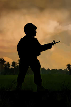Silhouette of American special forces soldier on patrol in therice paddies and jungle of Vietnam. (Artist illustration)の写真素材