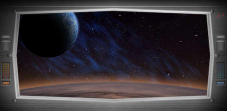 Space scene with asteroids from window view. Original Computer illustration. Not a 3D render.の写真素材