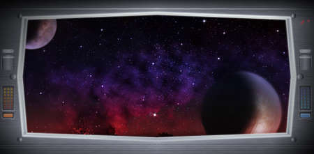 Space scene with asteroids from window view. Original Computer illustration. Not a 3D render.の写真素材