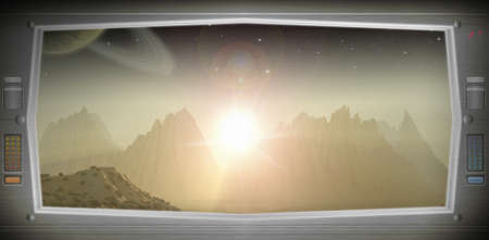 Space scene with asteroids from window view. Original Computer illustration. Ountains only 3D render.の写真素材
