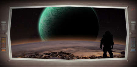 Space scene with asteroids from window view. Original Computer illustration. Not a 3D render.