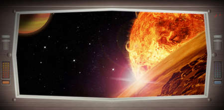 Space scene with asteroids from window view. Original Computer illustration. Not a 3D render.の写真素材