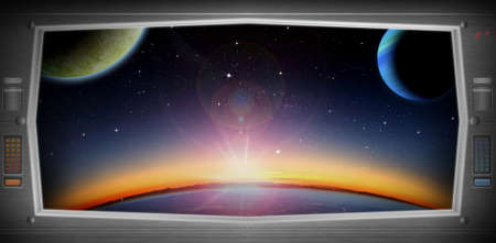 Space scene with asteroids from window view. Original Computer illustration. Not a 3D render.の写真素材