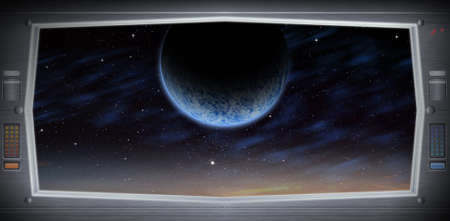 Space scene with asteroids from window view. Original Computer illustration. Not a 3D render.の写真素材
