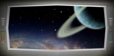 Space scene with asteroids from window view. Original Computer illustration. Not a 3D render.の写真素材