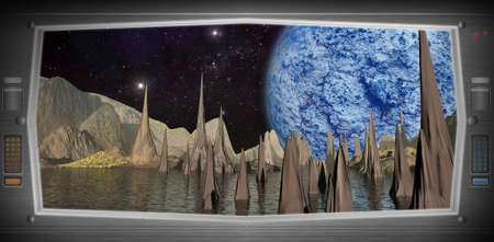 Space scene with asteroids from window view. Original Computer illustration. Mountains only 3D render.の写真素材