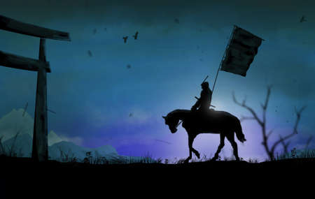 A lone Samurai heads towards the Shrine gate. Digital paintingの写真素材