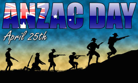 A sihlouette of ANZAC soldiers featuring the Australian Flagの写真素材