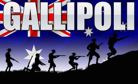A sihlouette of ANZAC soldiers featuring the Australian Flagの写真素材