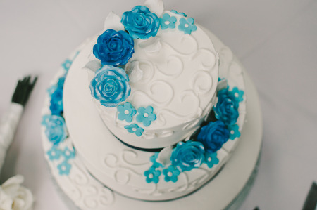 Blue  White Floral Round Tiered Wedding Cakeの写真素材