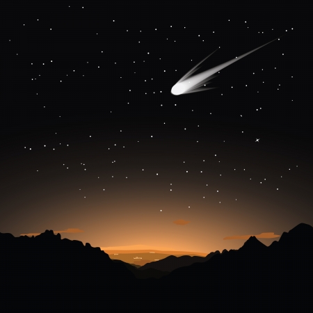 Illustration of a bright comet flying in the starry evening skyのイラスト素材