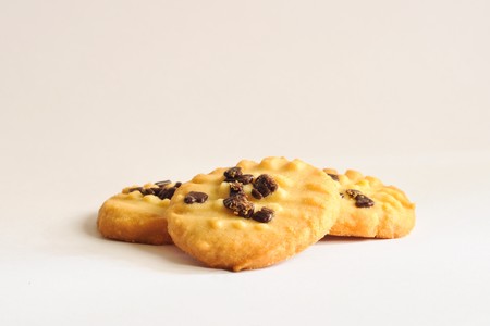 Chocolate chip cookies on white backgroundの写真素材