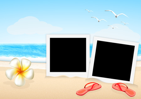 two frame picture with sandal and orchid on the beach vectorのイラスト素材