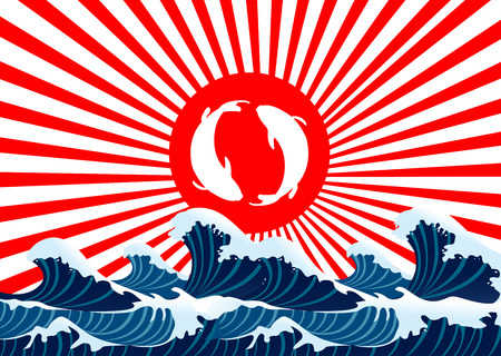 carp fish yin yang on red flag japanese with sea waveのイラスト素材