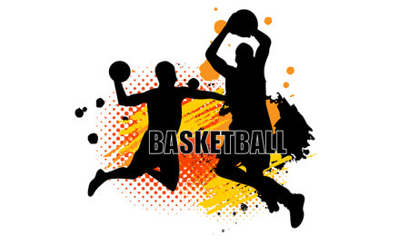 basketball player silhouette are playing with typography and splatter graphic on white backgroundのイラスト素材