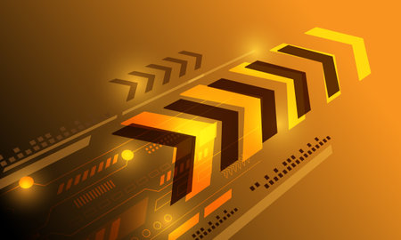 orange yellow gold 3d arrow circuit lines hi tech technology abstract backgroundのイラスト素材