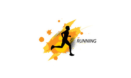 man running with orange watercolor dropped painting splatter splash and halftone graphic on white backgroundのイラスト素材