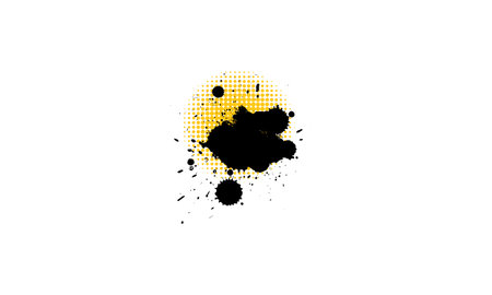 black ink dropped splatter splash with yellow color halftone graphic on whiteのイラスト素材