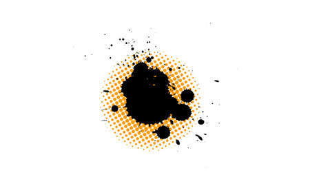 black ink painting dropped splatter splash with orange halftone graphic on white backgroundのイラスト素材