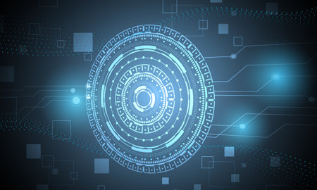 blue lines circles circuit networking with neon light connecting abstract high technology backgroundのイラスト素材