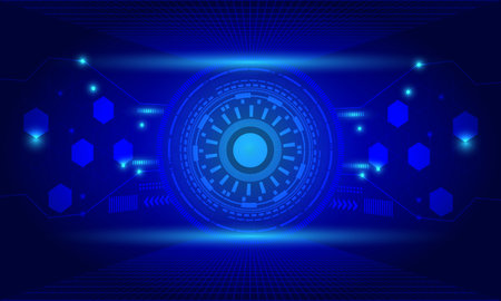 blue circle circuit lines hud with electronic circuit cyberspace with shinny light abstract high technology backgroundのイラスト素材