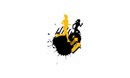 silhouette running woman runner sport girl in yellow black shapes with painting drop splatter splash grunge graphic elementのイラスト素材
