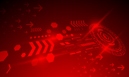 red arrow and circles circuit lines cyberspace networking with neon light abstract high technology backgroundのイラスト素材