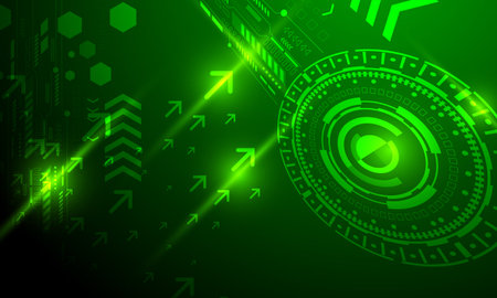 green arrow and circle circuit lines cyberspace networking with neon light abstract high technology backgroundのイラスト素材