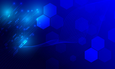 blue hexagon shapes with circuit lines electronic connecting with spot neon light abstract high technology backgroundのイラスト素材