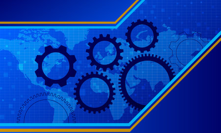 blue high technology cyberspace with cog shape on the world map graphic elementのイラスト素材