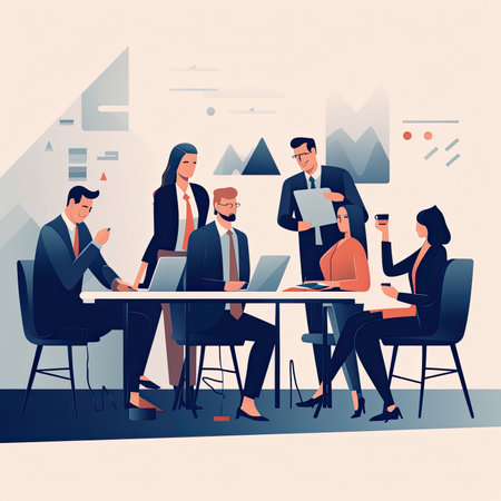 A group of people in business attire sitting around a conference table discussing financial reports, flat illustrationの素材
