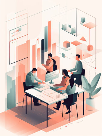 A group of people in business attire sitting around a conference table discussing financial reports, flat illustrationの素材