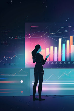 businesswoman making a presentation in front of a large screen with financial data displayed, flat illustrationの素材