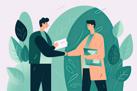A person handing over a gift to another person, flat illustrationの素材