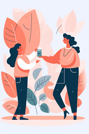 A person handing over a gift to another person, flat illustrationの素材