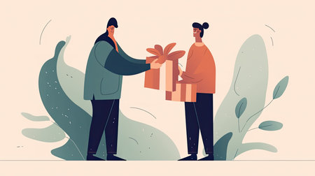 A person handing over a gift to another person, flat illustrationの素材