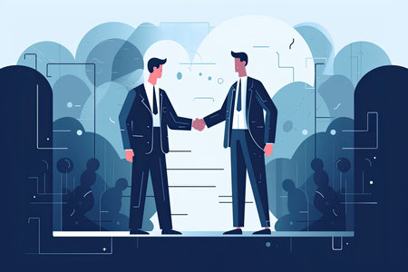 A person in a suit or business attire shaking hands with another person, signifying a business deal or agreement, flat illustrationの素材