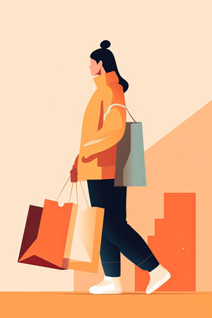 A person holding a shopping bag or carrying a box of purchased items, flat illustrationの素材