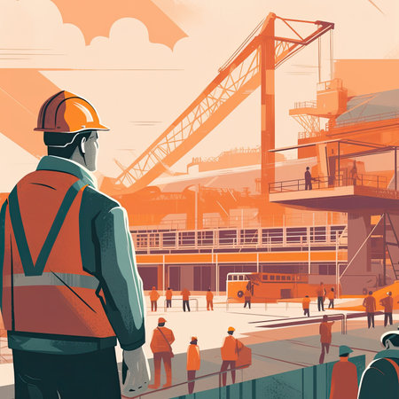 civil engineer working on a large-scale infrastructure project, such as a dam or a high-speed railway, with construction workers and heavy machinery in the backgroundの素材