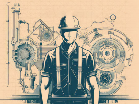mechanical engineer in action, with simple geometric shapes and thin lines. The mechanical engineer is depicted wearing a hard hat, safety glasses, and a work vestの素材