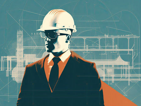 mechanical engineer in action, with simple geometric shapes and thin lines. The mechanical engineer is depicted wearing a hard hat, safety glasses, and a work vestの素材
