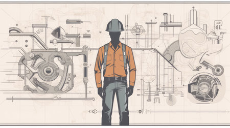 mechanical engineer in action, with simple geometric shapes and thin lines. The mechanical engineer is depicted wearing a hard hat, safety glasses, and a work vestの素材