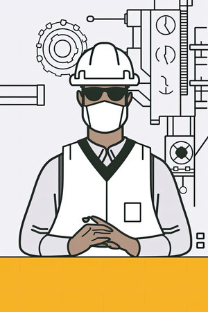 mechanical engineer in action, with simple geometric shapes and thin lines. The mechanical engineer is depicted wearing a hard hat, safety glasses, and a work vestの素材