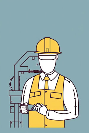 mechanical engineer in action, with simple geometric shapes and thin lines. The mechanical engineer is depicted wearing a hard hat, safety glasses, and a work vestの素材