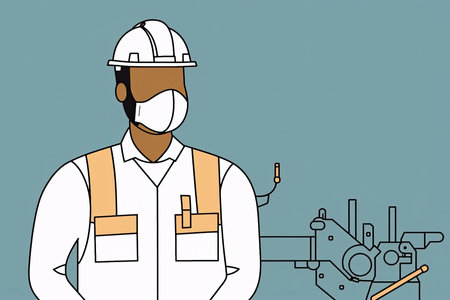 mechanical engineer in action, with simple geometric shapes and thin lines. The mechanical engineer is depicted wearing a hard hat, safety glasses, and a work vestの素材
