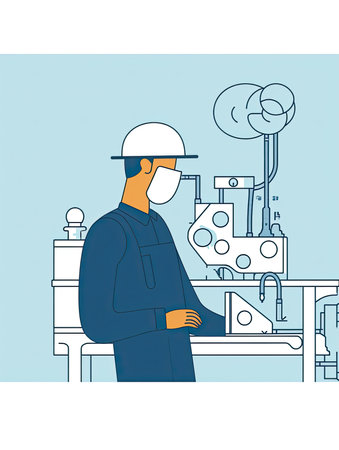 mechanical engineer in action, with simple geometric shapes and thin lines. The mechanical engineer is depicted wearing a hard hat, safety glasses, and a work vestの素材